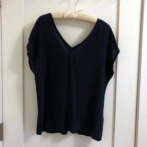 Whistles V neck silk front top, navy, size M